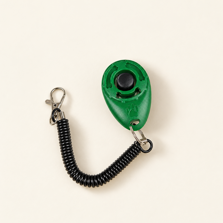 Clicker verde con botón negro y pulsera en espiral sobre fondo crema