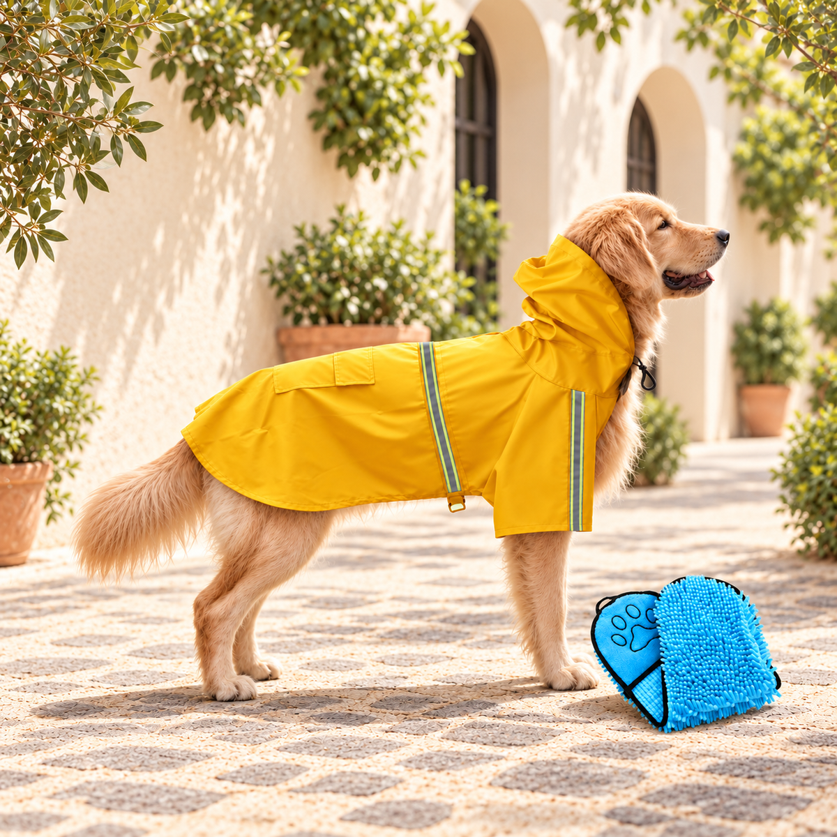 Perro con chubasquero amarillo y toalla azul