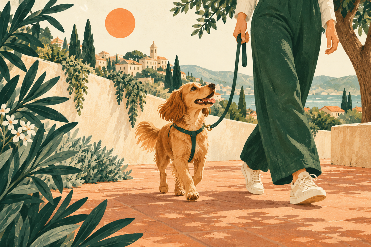 Ilustración de un perro y su compañero paseando juntos